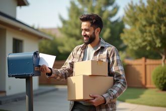Personne tenant des cartons et déposant une lettre dans une boîte aux lettres extérieure
