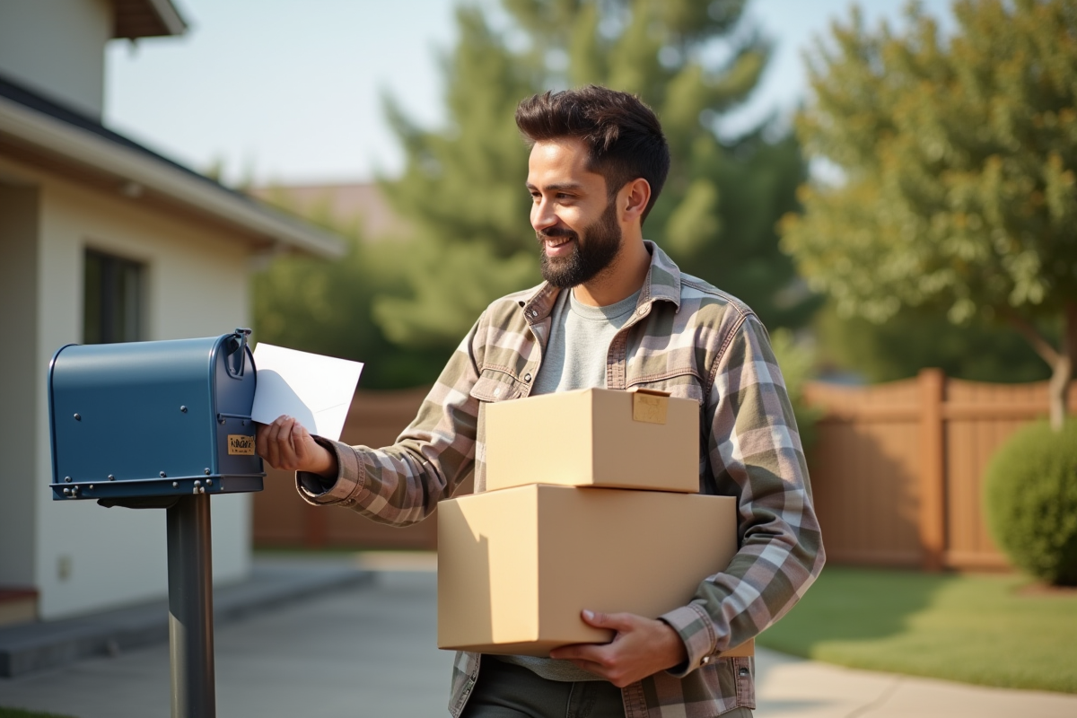 Personne tenant des cartons et déposant une lettre dans une boîte aux lettres extérieure