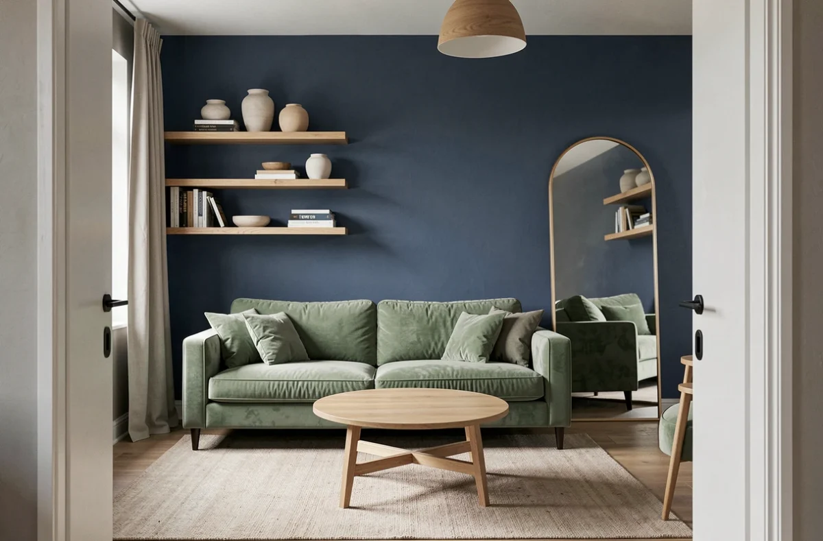 Petit salon de 18m² décoré avec miroir grand format, canapé velours vert sauge et étagères flottantes stylisées