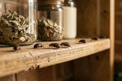 Gros plan macro de petits insectes marrons sur une étagère en bois dans une cuisine de campagne française