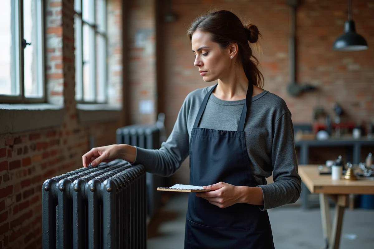 Femme comparant un pied en fonte avec un radiateur vintage dans un loft industriel rénové
