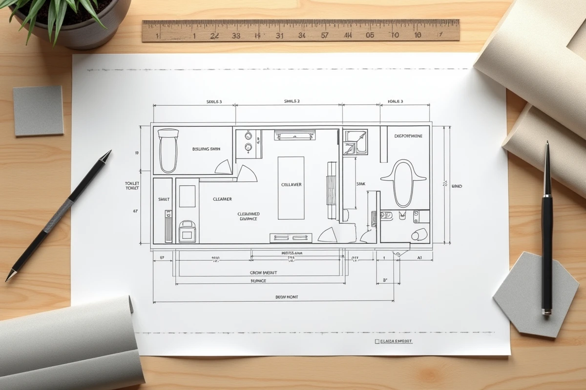 Plan de salle de bain avec dimensions et zones de dégagement autour des équipements sanitaires posé sur un bureau