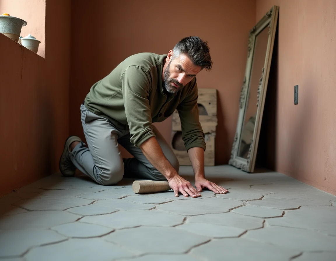 Homme posant des carreaux de ciment hexagonaux dans une salle de bain en rénovation intérieure DIY
