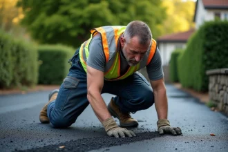 Artisan posant de l'enrobé drainant sur une allée résidentielle, texture granuleuse de l'asphalte poreux visible au premier plan