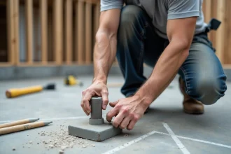 Pose d'un plot réglable sur dalle béton lors de l'installation d'une terrasse en bois, vue rapprochée au niveau du sol