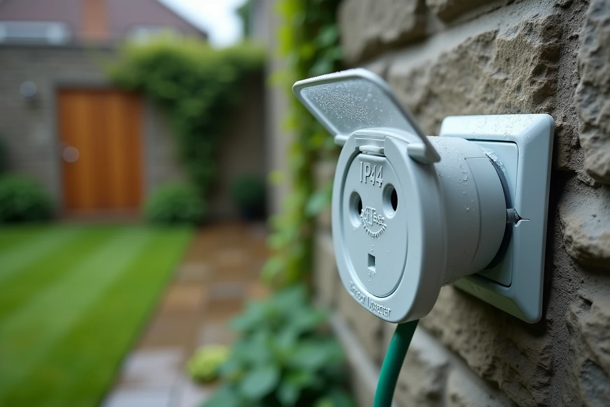 Prise électrique extérieure IP44 sur mur en pierre avec gouttes d'eau, protection contre les projections d'eau et la poussière