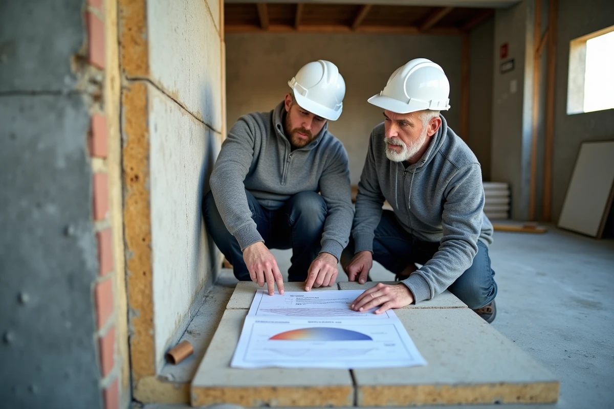 Deux professionnels du bâtiment analysant ensemble une étude thermique avec calcul de résistance de l'isolant fibre de bois sur chantier