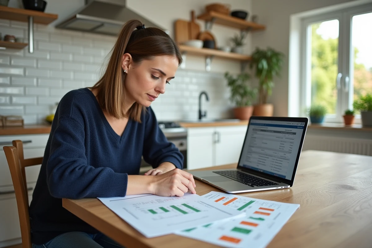 Propriétaire comparant les prix de diagnostics énergétiques sur ordinateur portable avec documents DPE étalés sur une table de cuisine