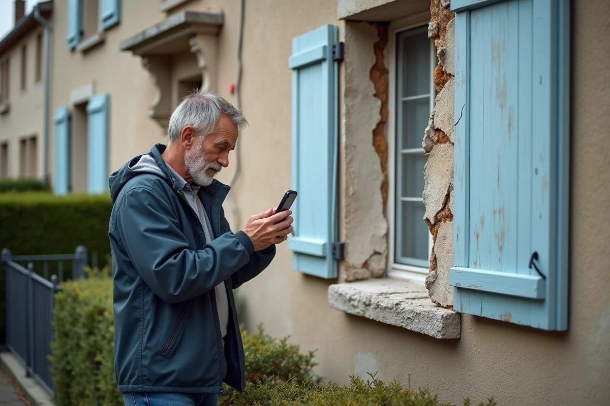 Propriétaire photographiant les dégâts des eaux sur la façade de sa maison pour un sinistre couvert par l'assurance habitation MACIF