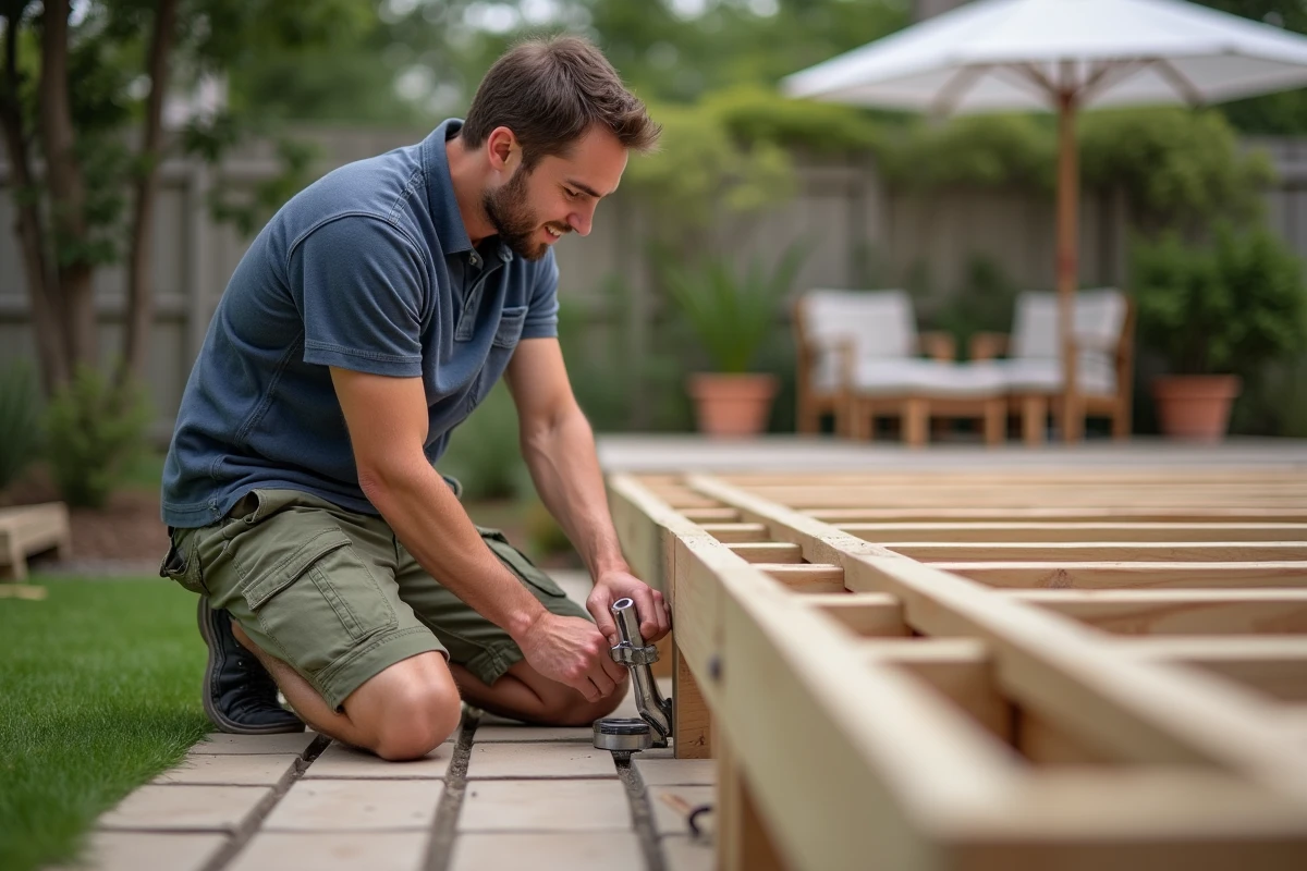 Réglage en hauteur d'une solive sur plot vissable lors de la finition d'une terrasse en bois composite