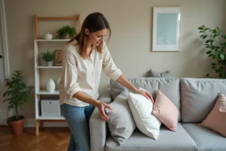 Femme qui relooker son salon avec des coussins décoratifs pas chers achetés chez Centrakor