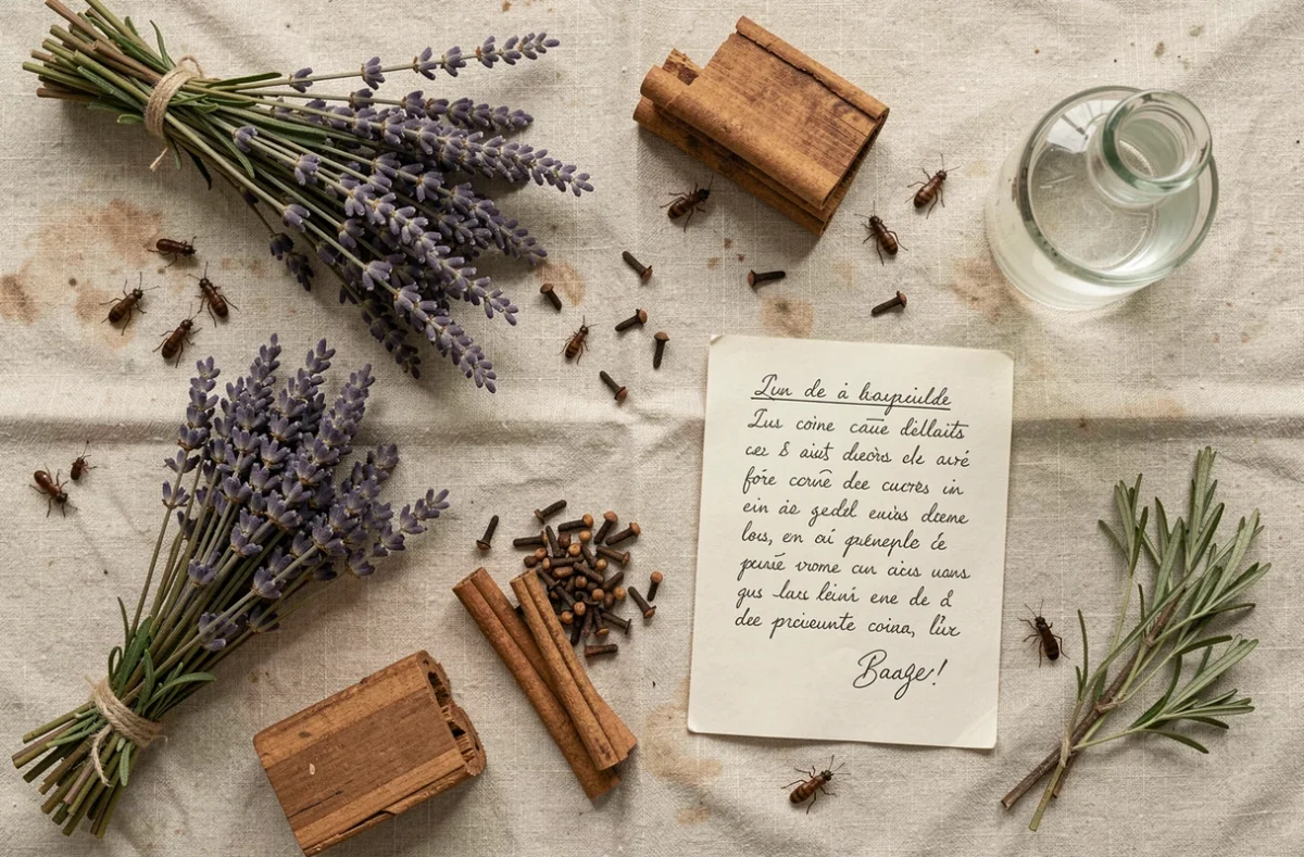 Vue de dessus des remèdes de grand-mère contre les petits insectes marrons : lavande, clous de girofle, cannelle et vinaigre blanc