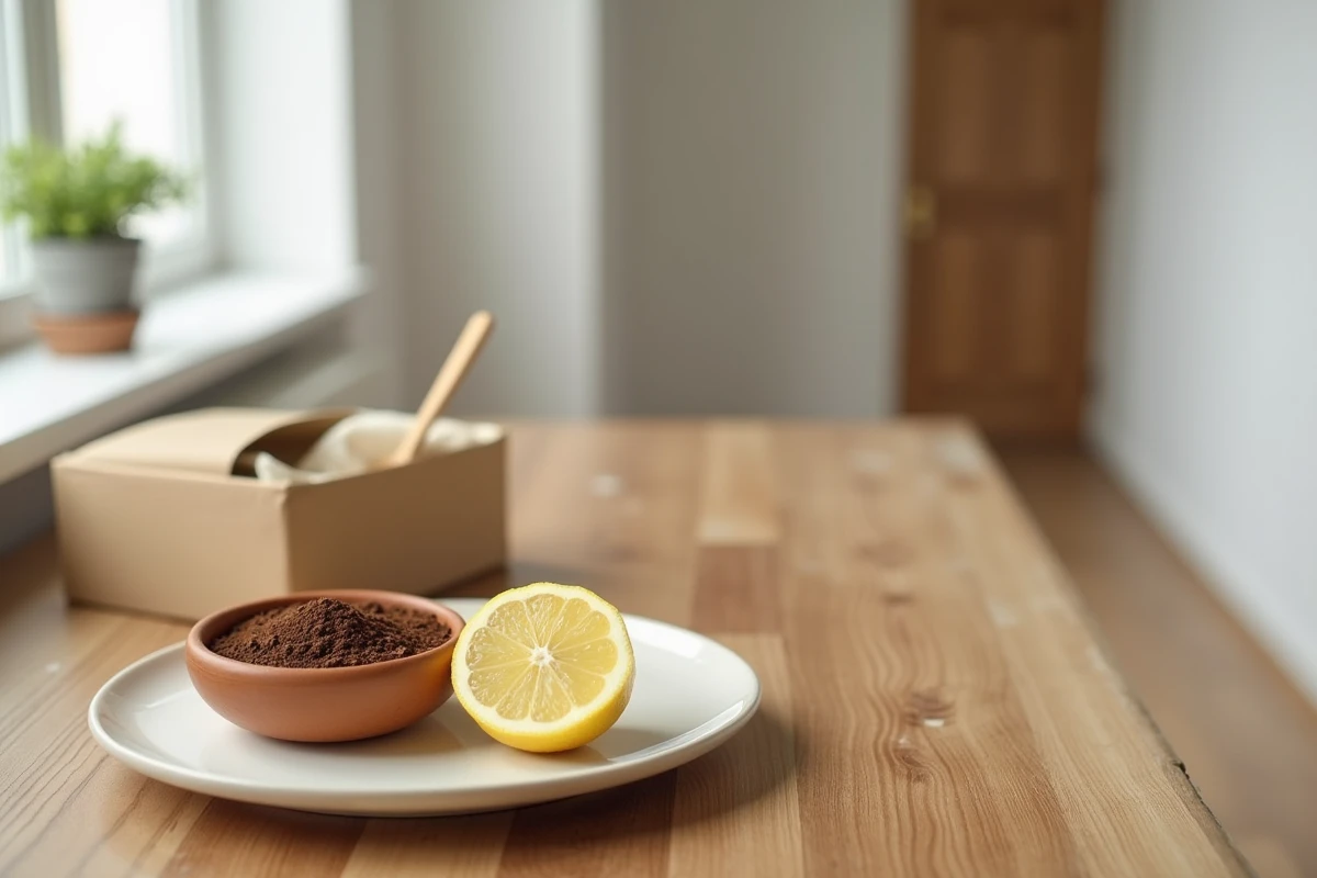 Remèdes naturels anti-odeur de peinture : café moulu, citron et bicarbonate de soude disposés sur une table en bois