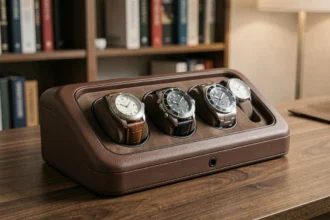 Remontoir automatique multi-calibres pour montres mécaniques posé sur un bureau en bois de noyer avec trois montres de luxe en rotation