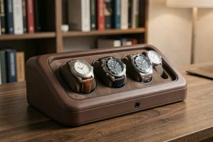 Remontoir automatique multi-calibres pour montres mécaniques posé sur un bureau en bois de noyer avec trois montres de luxe en rotation
