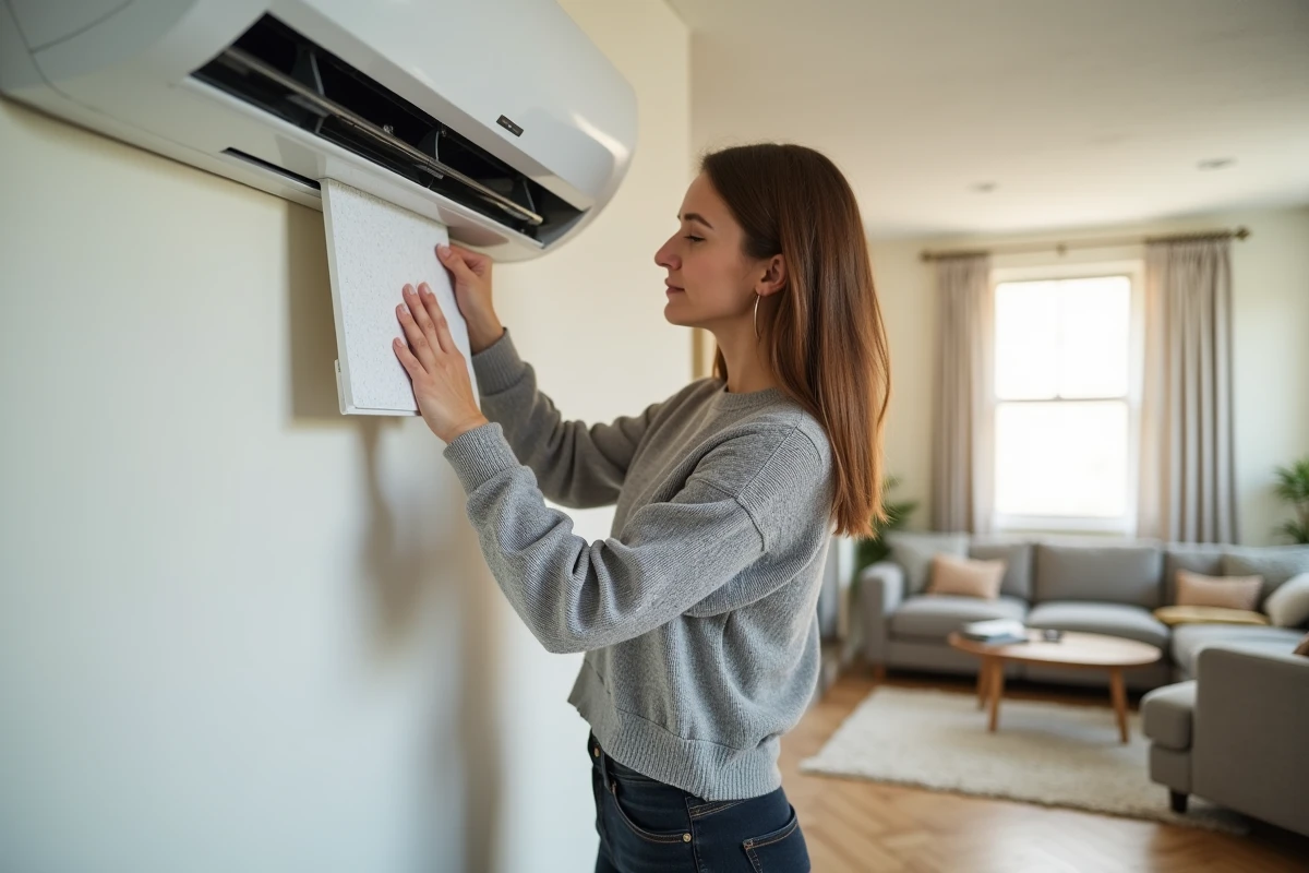 Propriétaire changeant le filtre d'une thermopompe murale IDS 2.0 dans un intérieur moderne