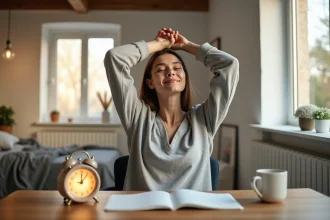 Femme se réveillant naturellement grâce à un simulateur d'aube posé sur son bureau, dans un bureau à domicile baigné de lumière matinale douce