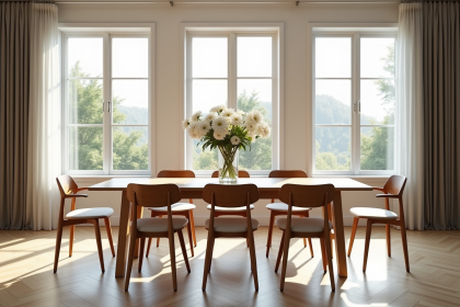 Salle a manger moderne avec table en bois et chaises élégantes