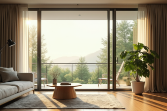 Salon moderne avec grandes fenêtres écoénergétiques et plantes