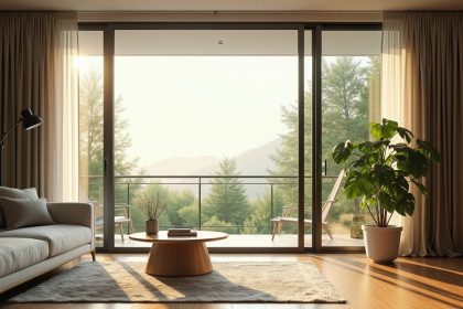 Salon moderne avec grandes fenêtres écoénergétiques et plantes
