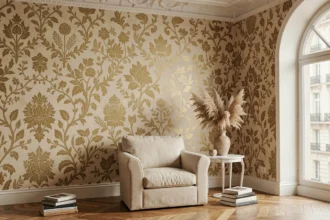 Salon élégant décoré d'un papier peint motif beige et doré avec fauteuil en lin crème et table en marbre