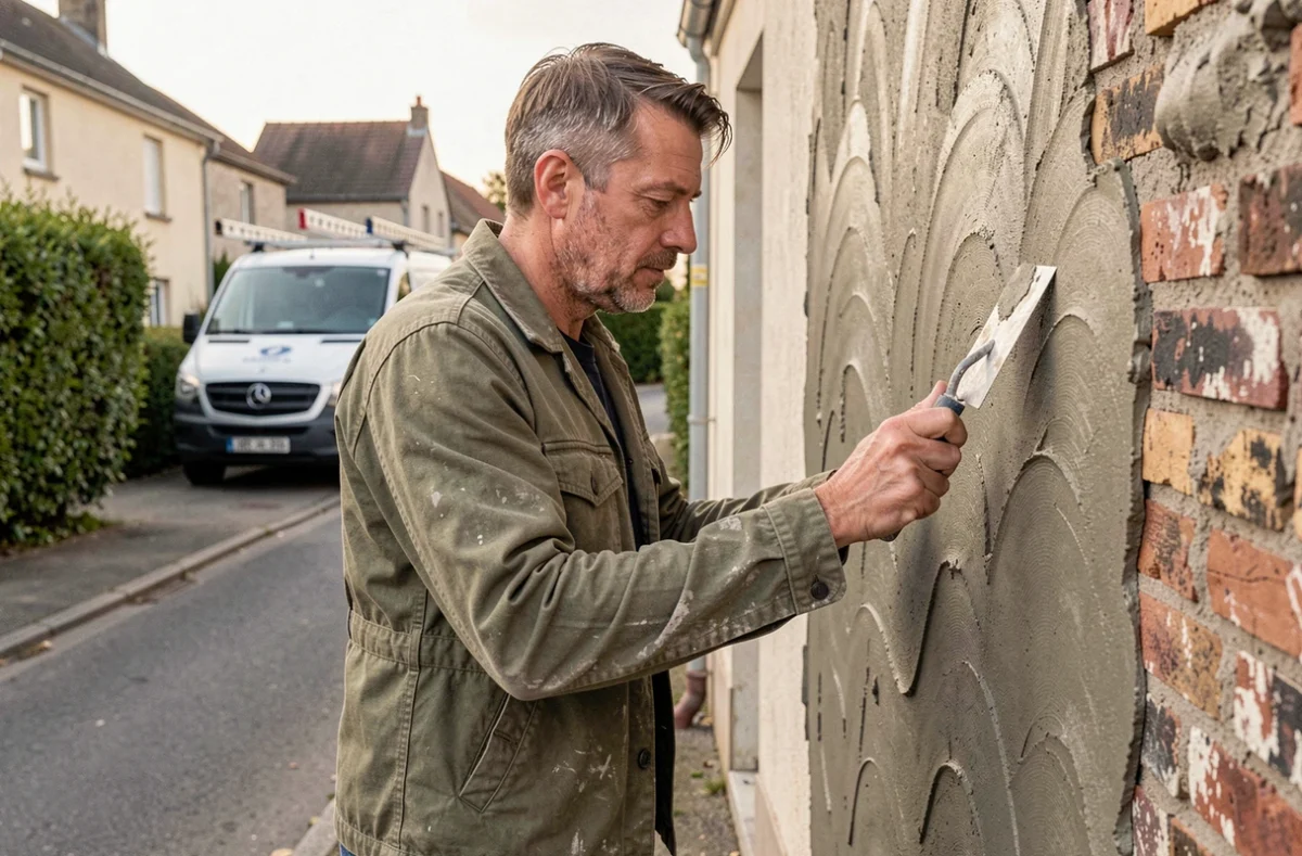Artisan Samuel Molard enduisant une façade extérieure lors d'une rénovation à Golbey