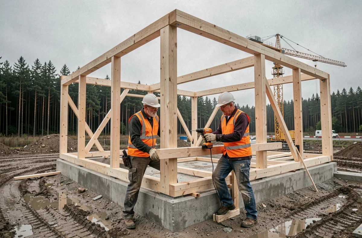 Ouvriers de la Sarl Lorraine Bâtiment Service construisant une ossature bois à Épinal