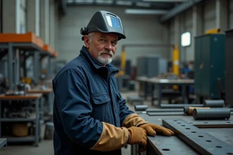 Soudeur professionnel portant un casque de soudage auto-assombrissant et des gants en cuir dans un atelier industriel