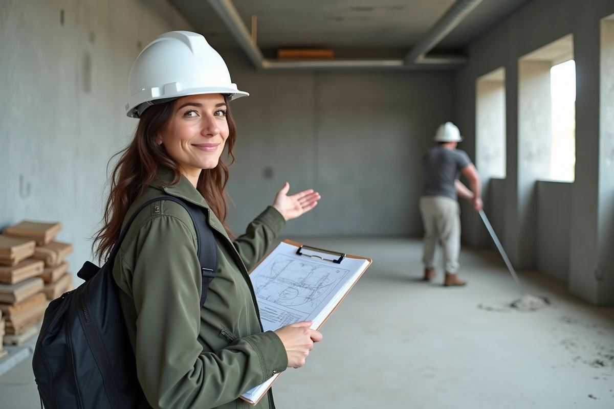 Conductrice de travaux supervisant le coulage d'une chape béton sur un chantier de construction intérieur