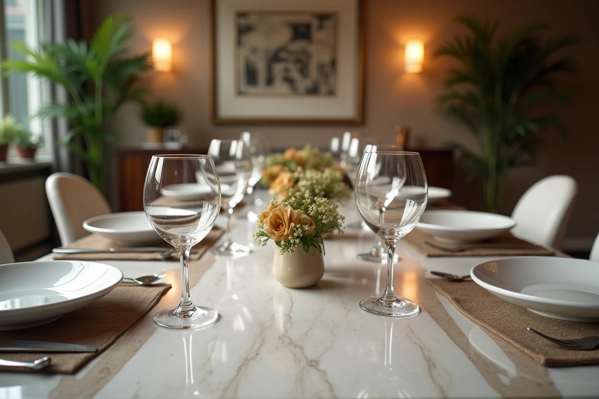 Table finement dressée avec verres pour un repas sophistique