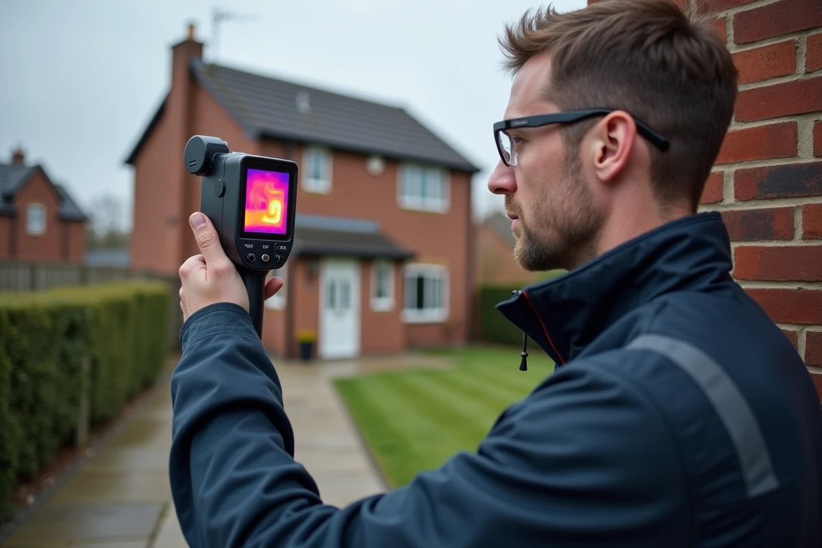 Technicien en diagnostic thermique utilisant une caméra infrarouge pour détecter les déperditions énergétiques sur la façade d'une maison
