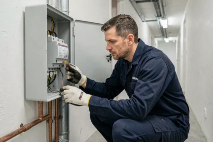 Technicien inspectant un sous-compteur électrique dans le couloir technique d'un immeuble résidentiel