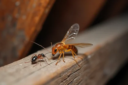 Termite volante ailée posée sur une poutre en bois endommagée dans un grenier, comparée à une fourmi ailée pour illustrer les différences morphologiques