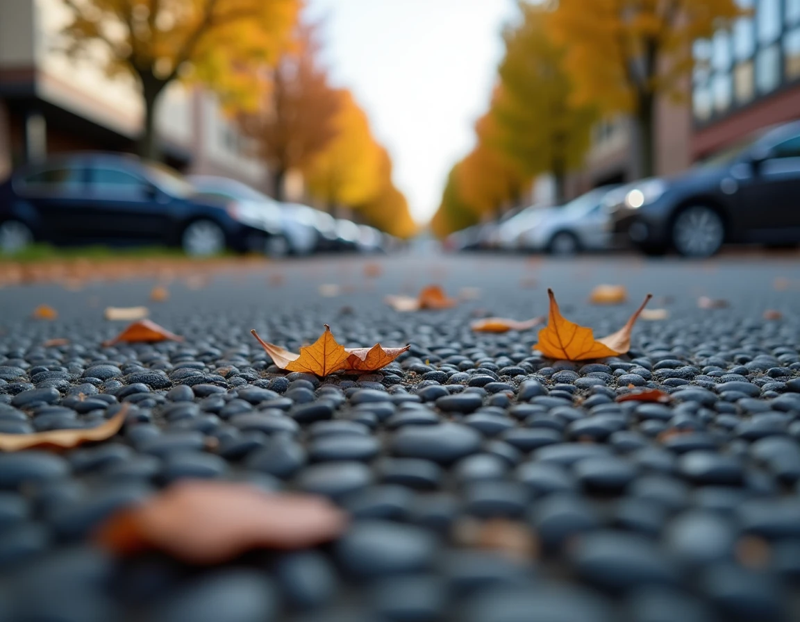 Gros plan sur la texture d'un enrobé drainant en parking, montrant les granulats et les vides caractéristiques du revêtement poreux