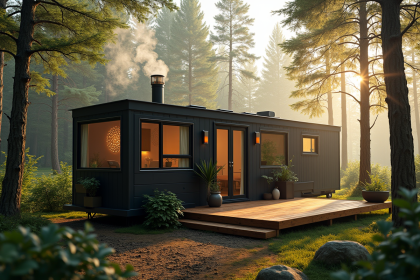 Maison mobile moderne dans la forêt au matin