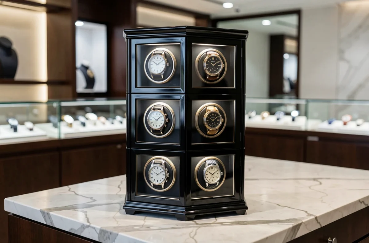 Tour remontoir automatique à six emplacements exposée sur un comptoir en marbre dans une boutique de montres de luxe avec plusieurs calibres différents