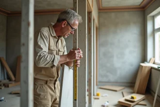 Ouvrier posant des plaques de plâtre Placo sur une ossature métallique lors de travaux de cloison intérieure