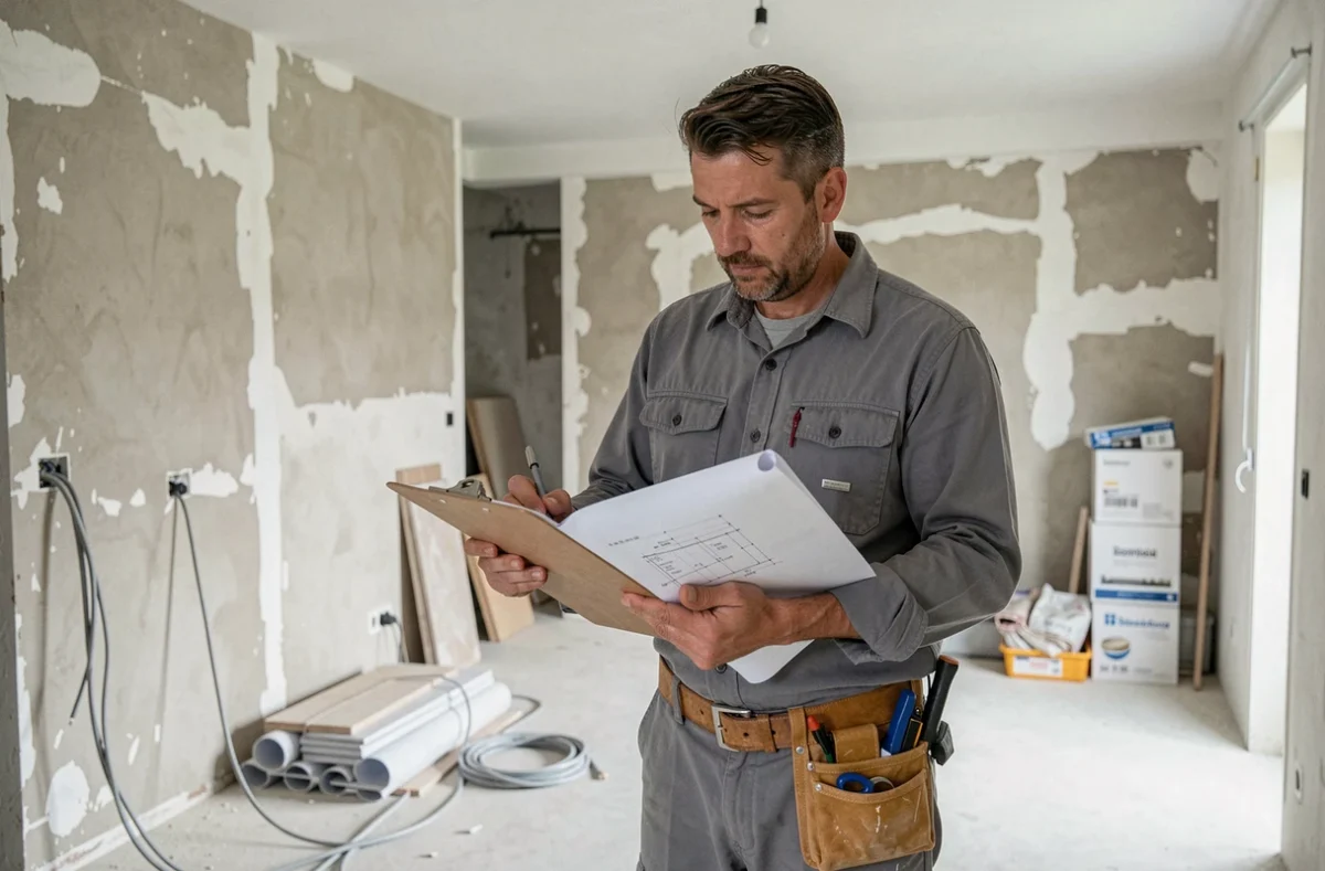 Ouvrier tous corps d'état consultant un plan de rénovation à Thaon-les-Vosges