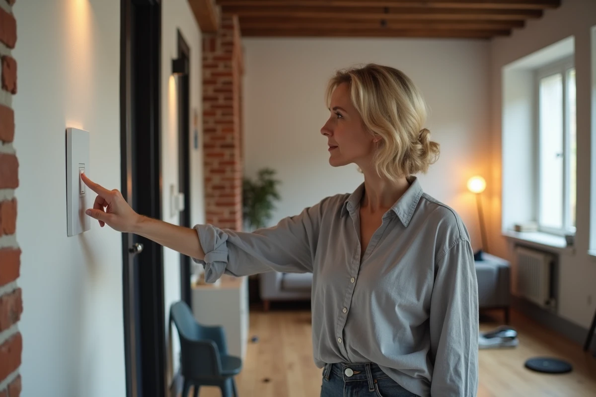 Femme utilisant un interrupteur Yokis sans fil dans un salon rénové avec circuit va-et-vient modernisé