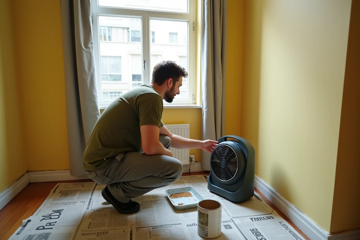 Homme ventilant une chambre fraîchement peinte avec un ventilateur pour dissiper l'odeur de peinture tenace