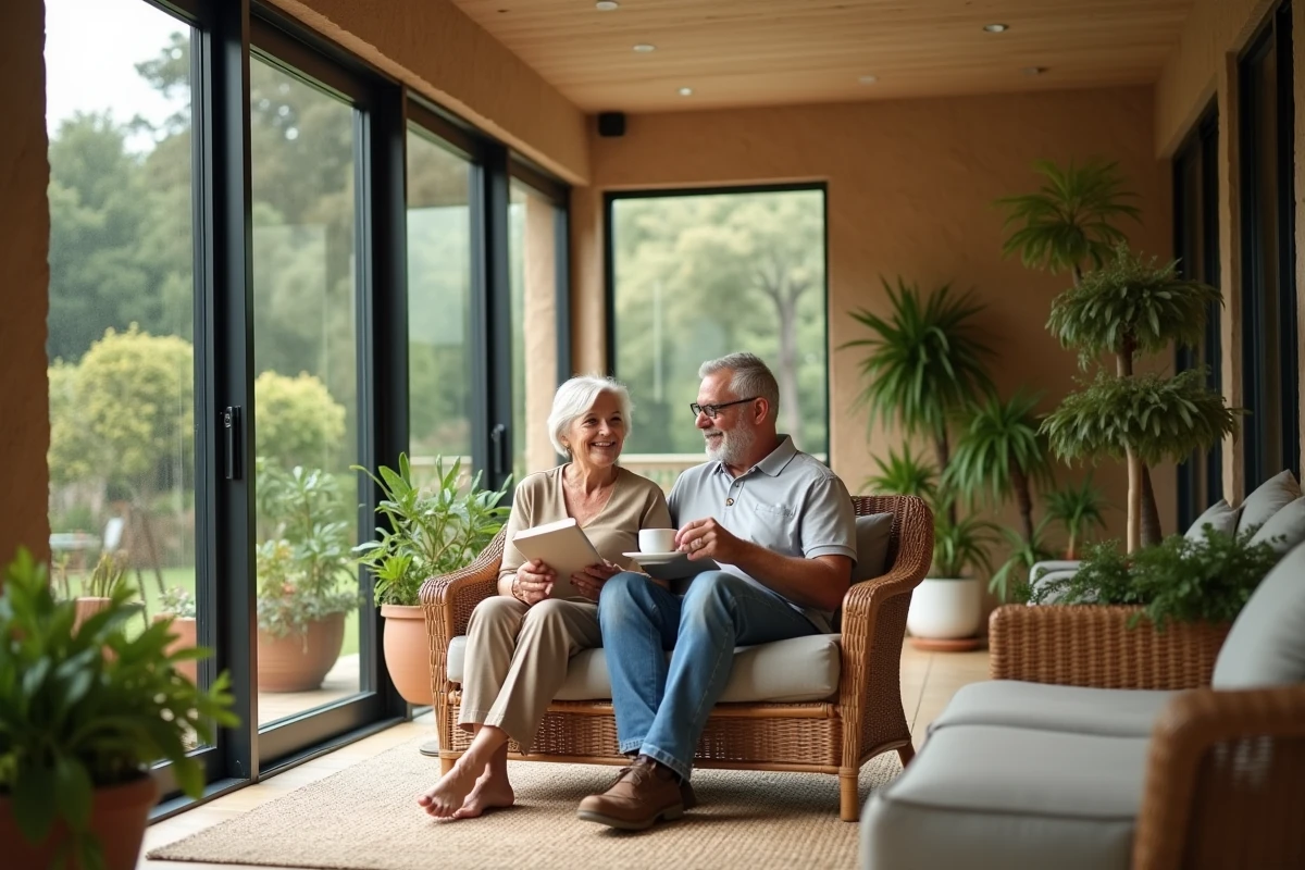 Couple profitant de leur véranda aménagée avec mobilier en rotin et plantes vertes — espace de vie agréable