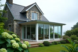 Véranda en aluminium et verre installée sur une maison en pierre bretonne avec jardin fleuri — Véranda du Trégor